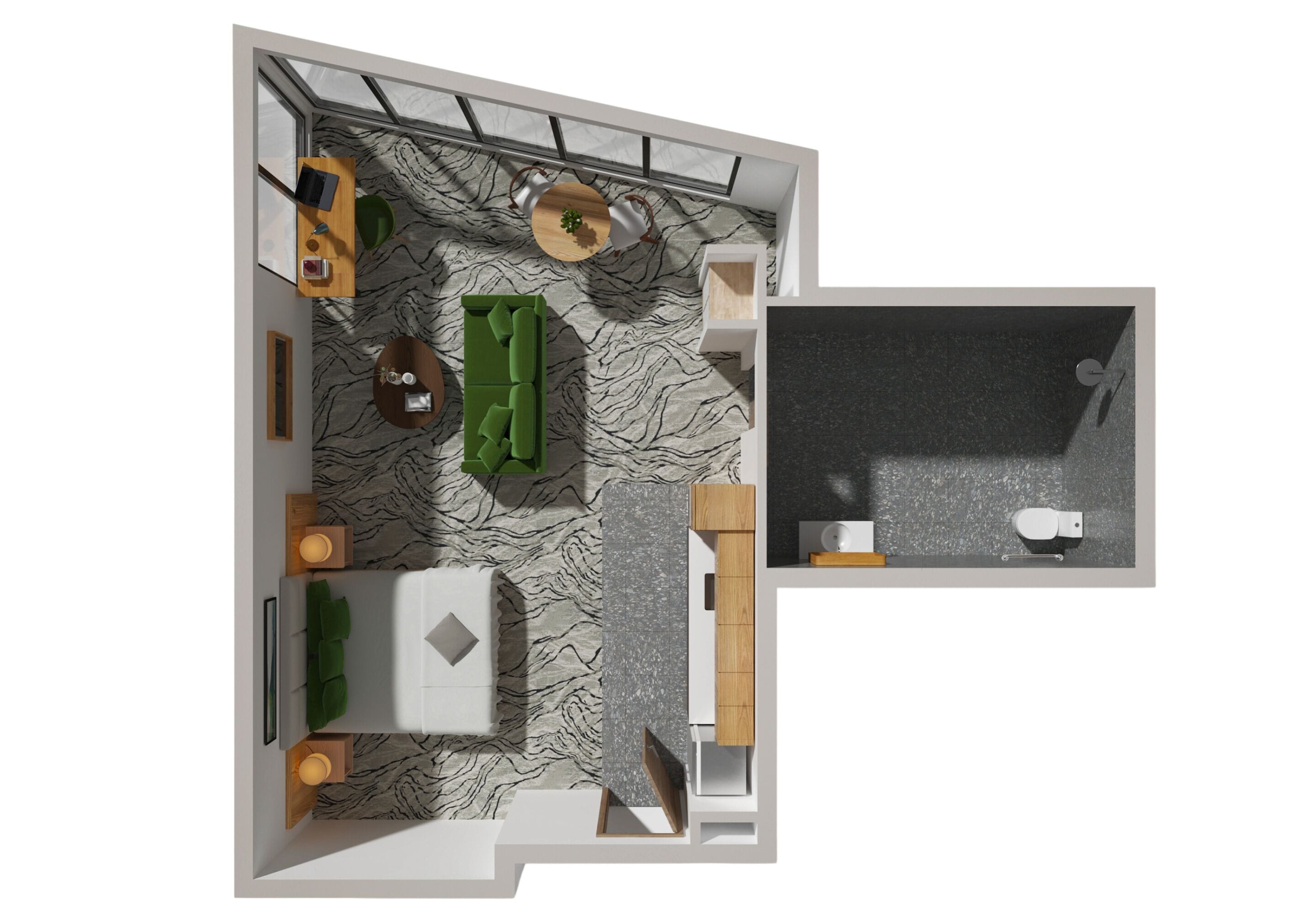 A modern kitchen with a central island, a dining area with a table and chairs, and a small seating area with a sofa and a coffee table.