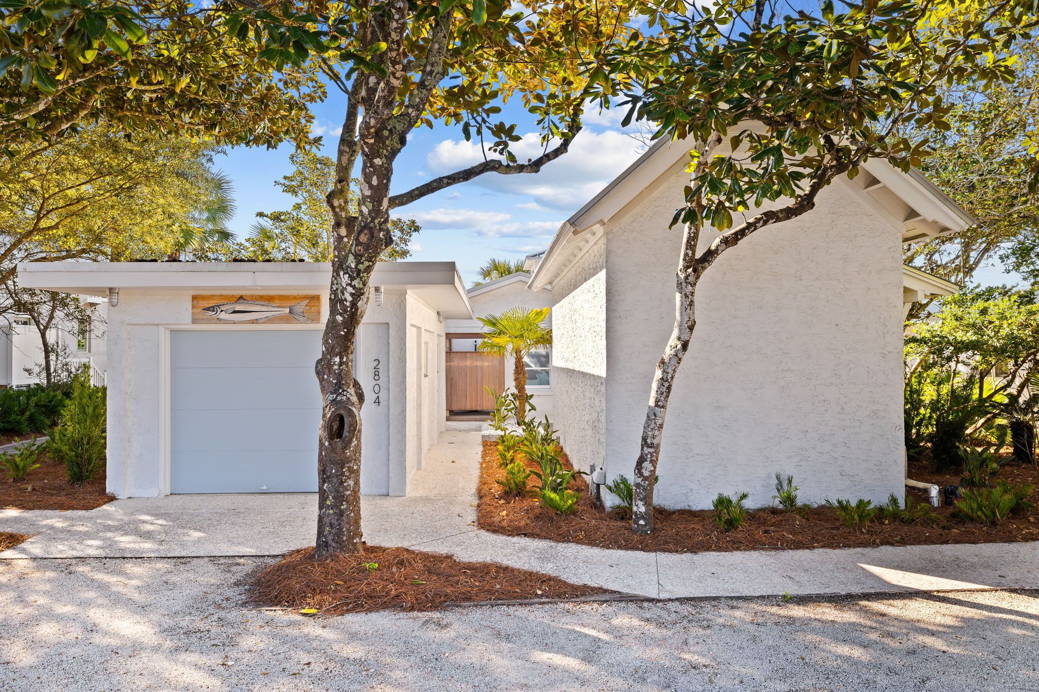 Uma casa moderna com garagem, um jardim bem cuidado e céu claro.