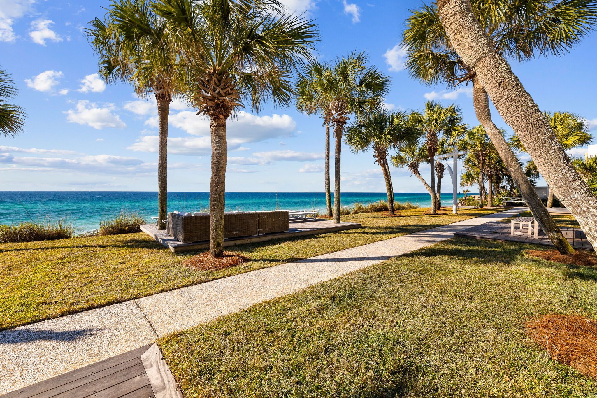 A coastal walkway lined with palm trees and benches, leading to the sea.