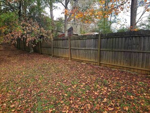 A backyard with a wooden fence and scattered fallen leaves.