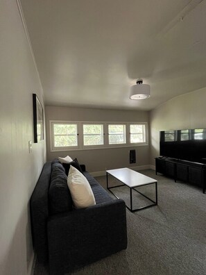 Smart TV, fireplace, books, stereo