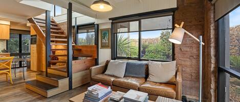 Smart TV, fireplace, books