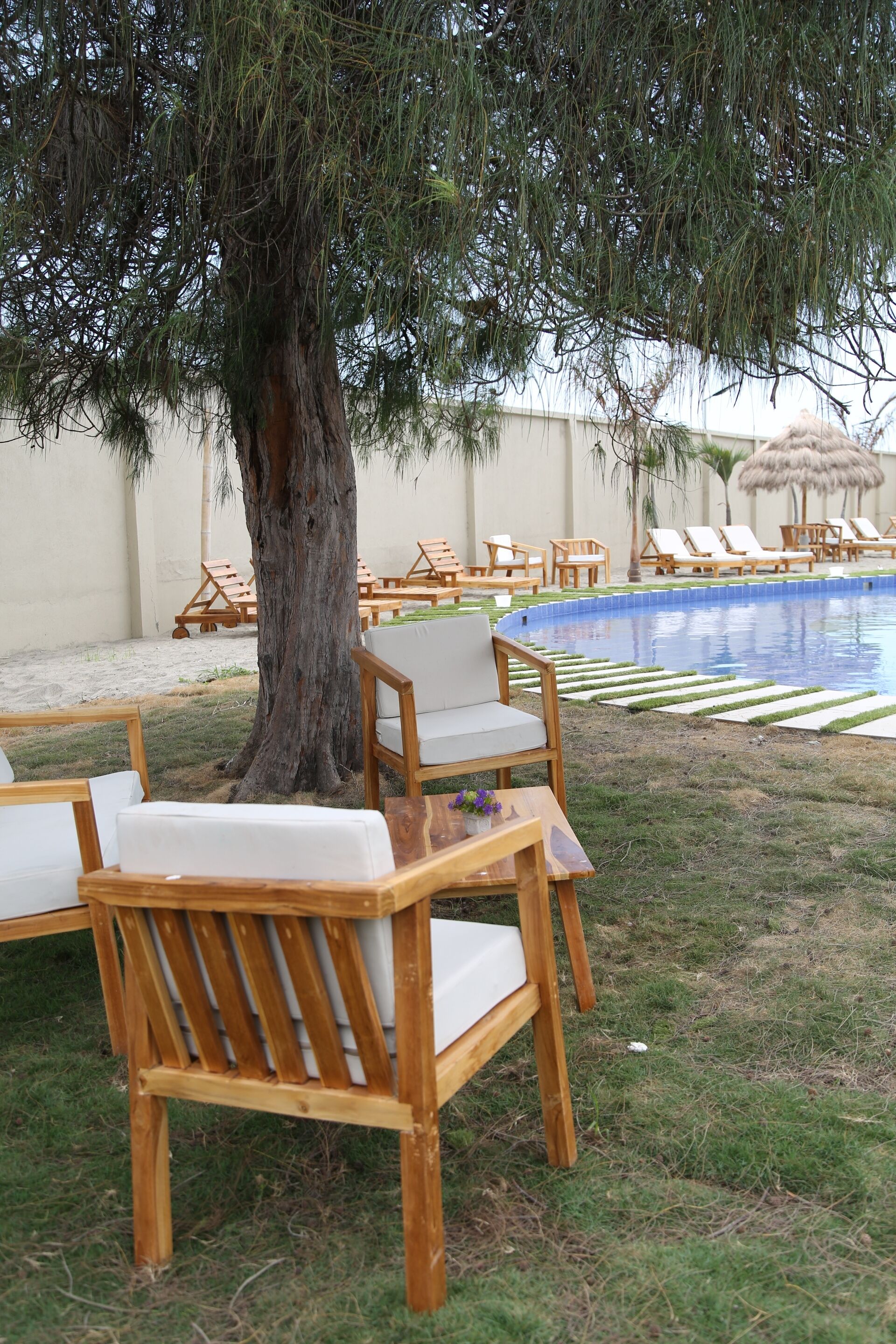 Un área junto a la piscina con sillones de madera y un árbol grande.