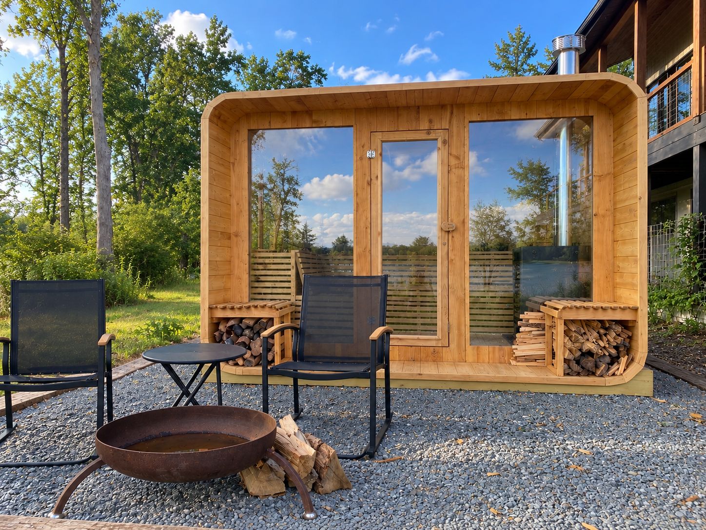 Een houten blokhut met twee stoelen en een metalen vuurkuil, omgeven door een grindpad en een houten terras.