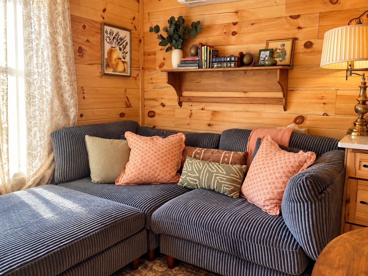 A cozy cabin-style room with a sectional sofa, a wooden shelf with books and decorative items, and a lamp.