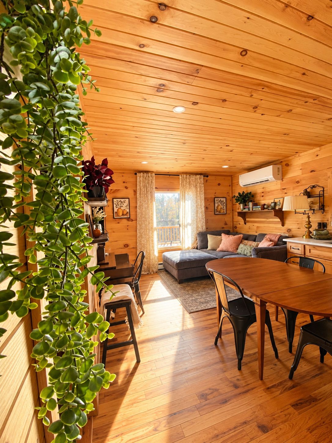 A wooden interior with a dining area, sofa, and a plant.