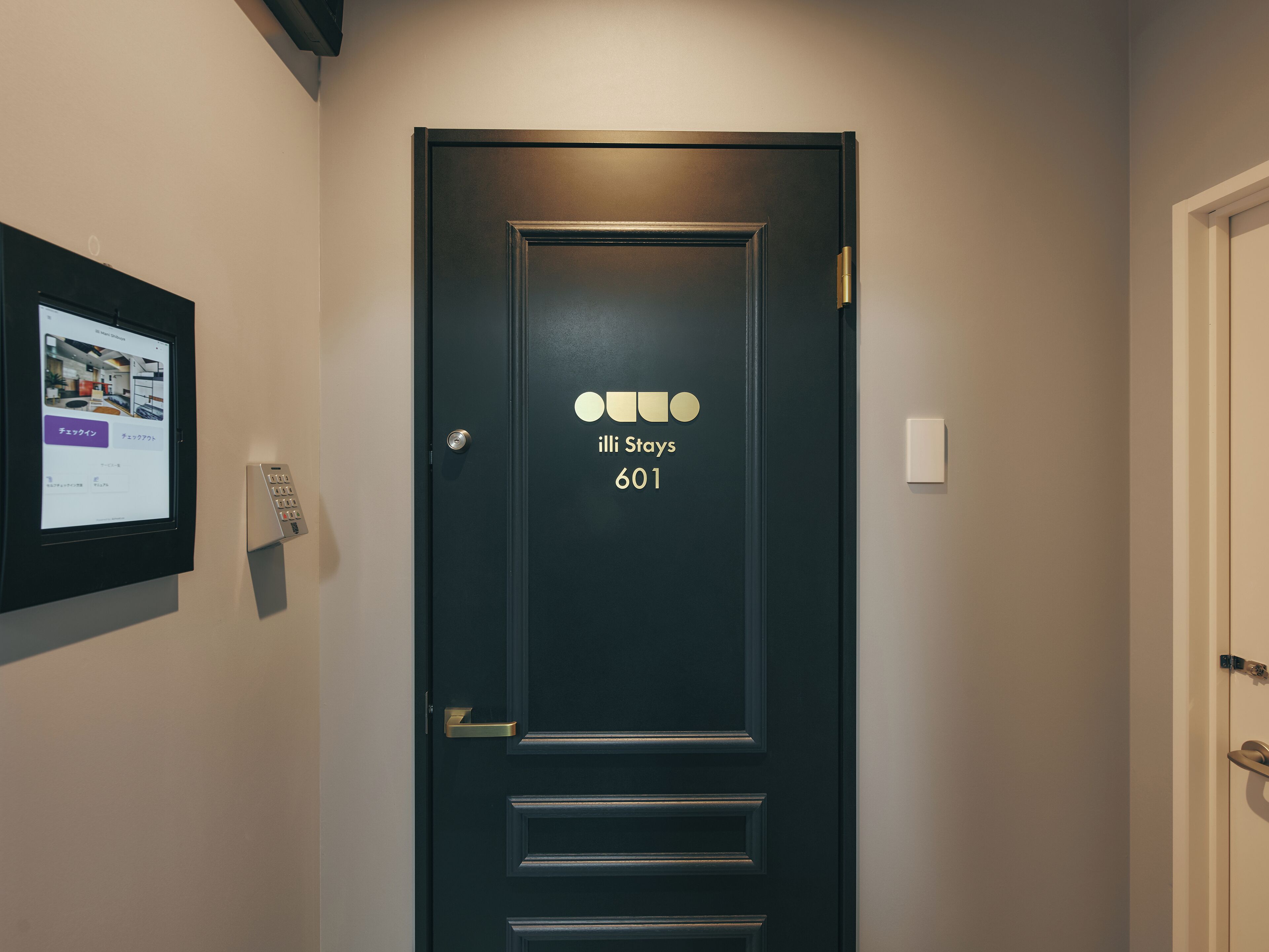 Een donkerdeur met een digitaal scherm en een keypad, aangeduid als 'iLLi Stays 601'.