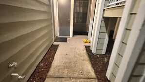 A narrow concrete pathway leading to a door, flanked by siding walls and a small yellow object on the ground.