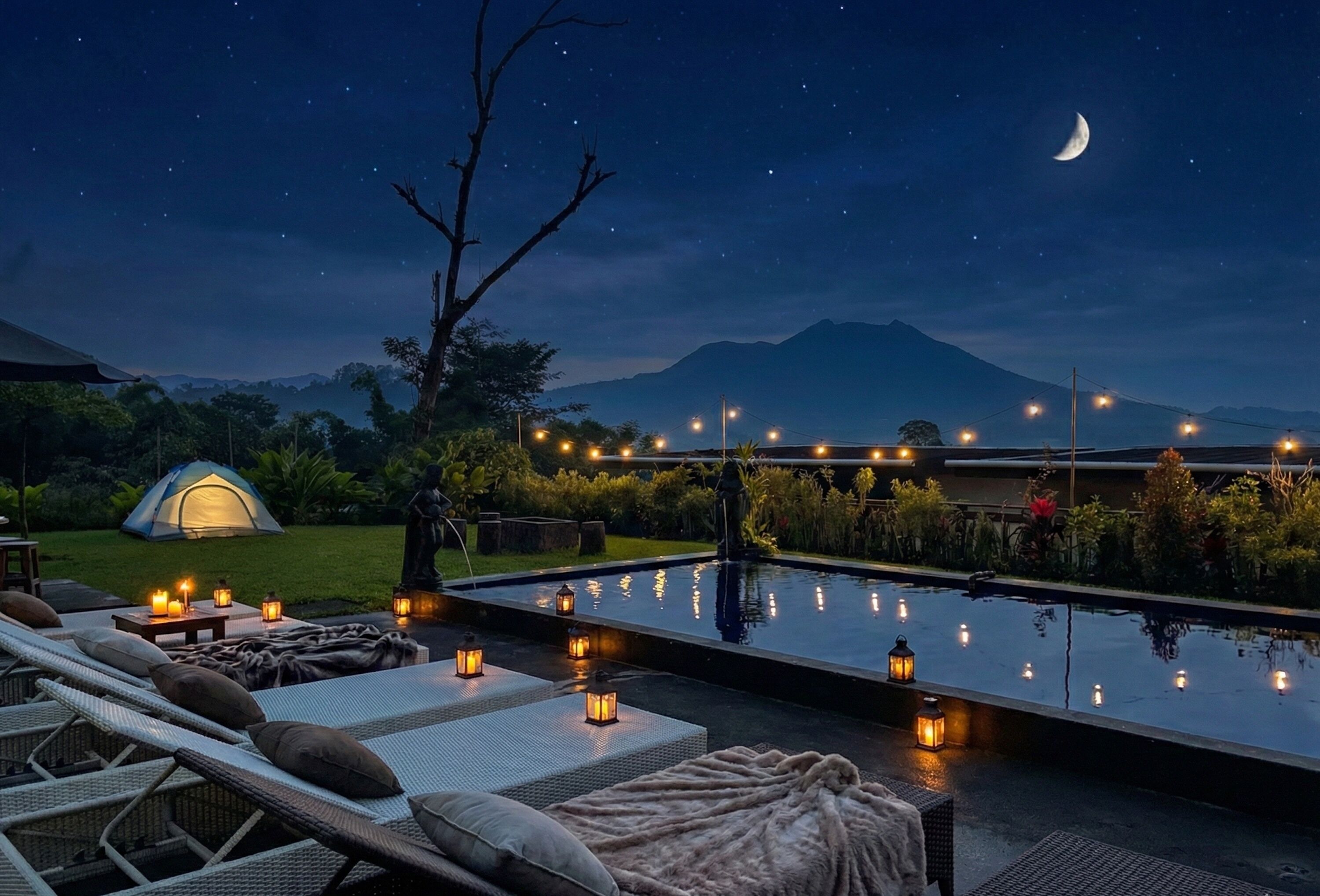 Outdoor pool, pool umbrellas, pool loungers