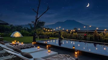 Outdoor pool, pool umbrellas, pool loungers