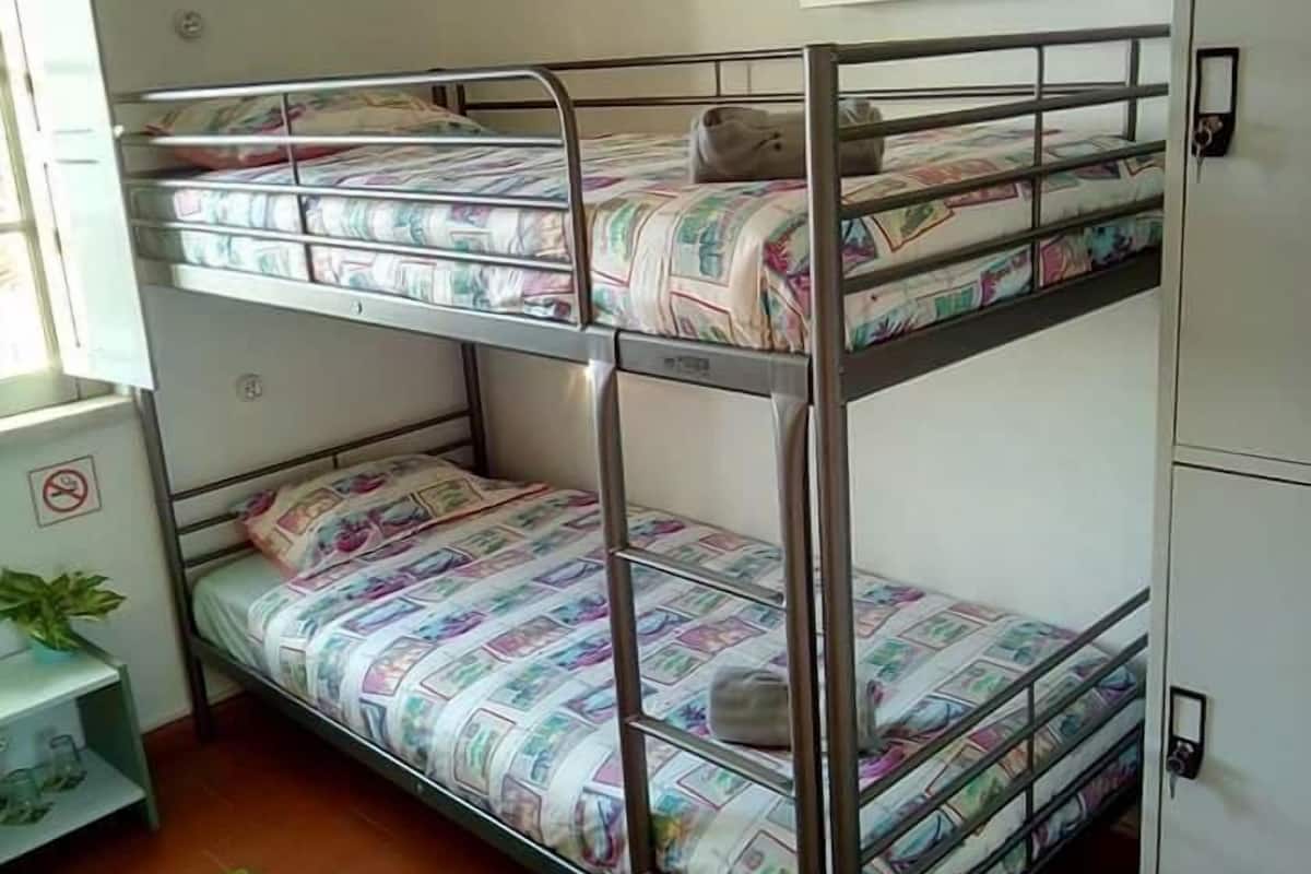 A bunk bed with a metal frame and colorful bedding. There is a small table with a plant on it, and a wall-mounted light fixture.