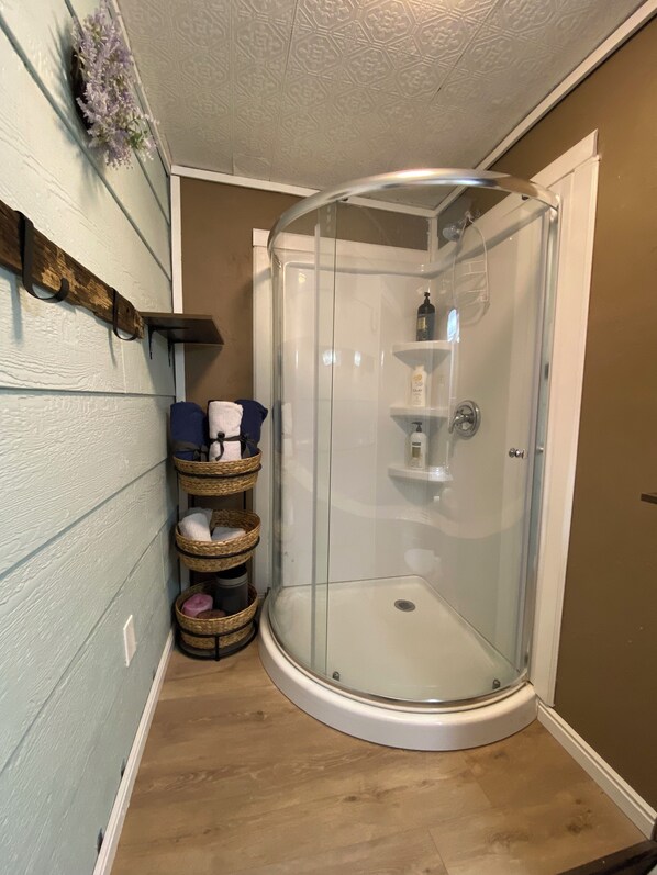 Shower, hair dryer, towels, soap