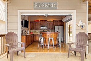 Fridge, microwave, oven, stovetop - Open to Guests, Praying for TX - Riverfront Retreat, Outdoor Bar & Kitchen, Grill, Two Large Decks (New Braunfels)