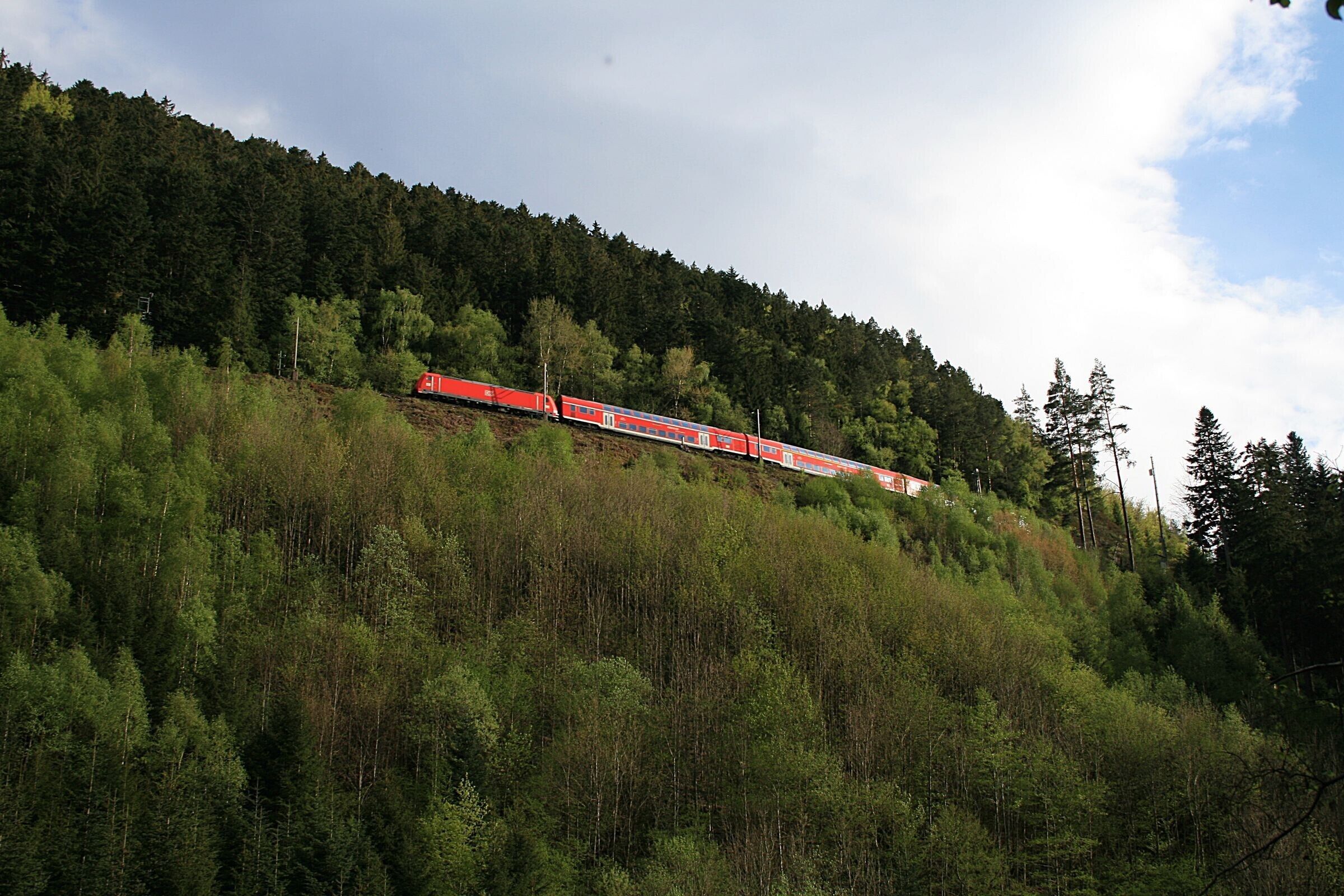 Un tren en una ladera con un bosque denso al fondo.