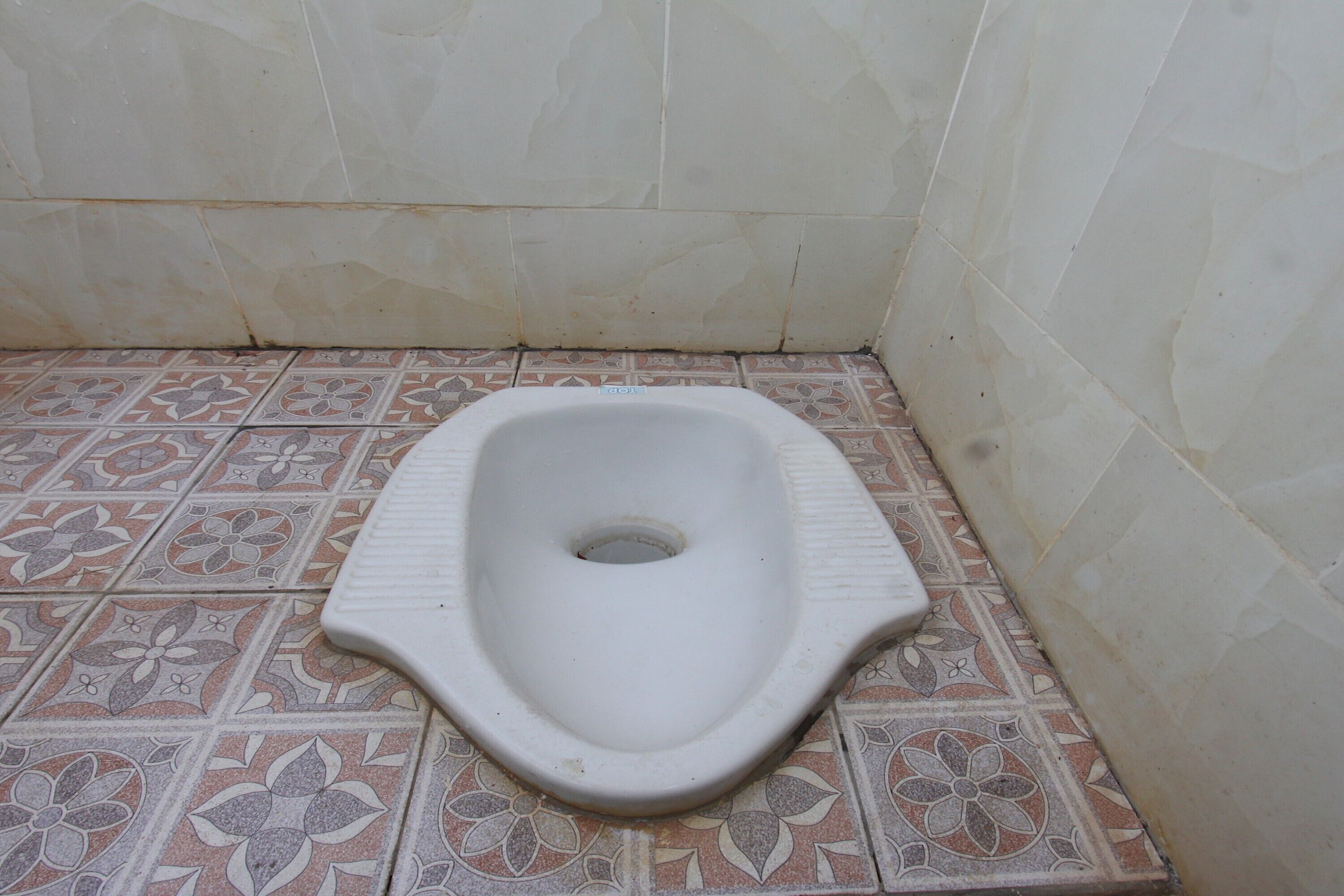 Un inodoro con asiento de cerámica blanca y un agujero en el centro, rodeado de baldosas con motivos.
