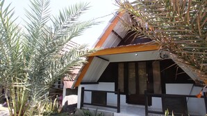 A traditional house with a sloped roof, surrounded by tropical plants.