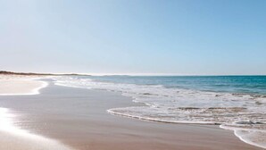 Une plage avec un ciel dégagé et des vagues calmes.