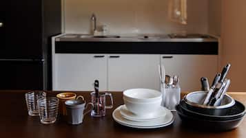 Fridge, microwave, stovetop, coffee/tea maker