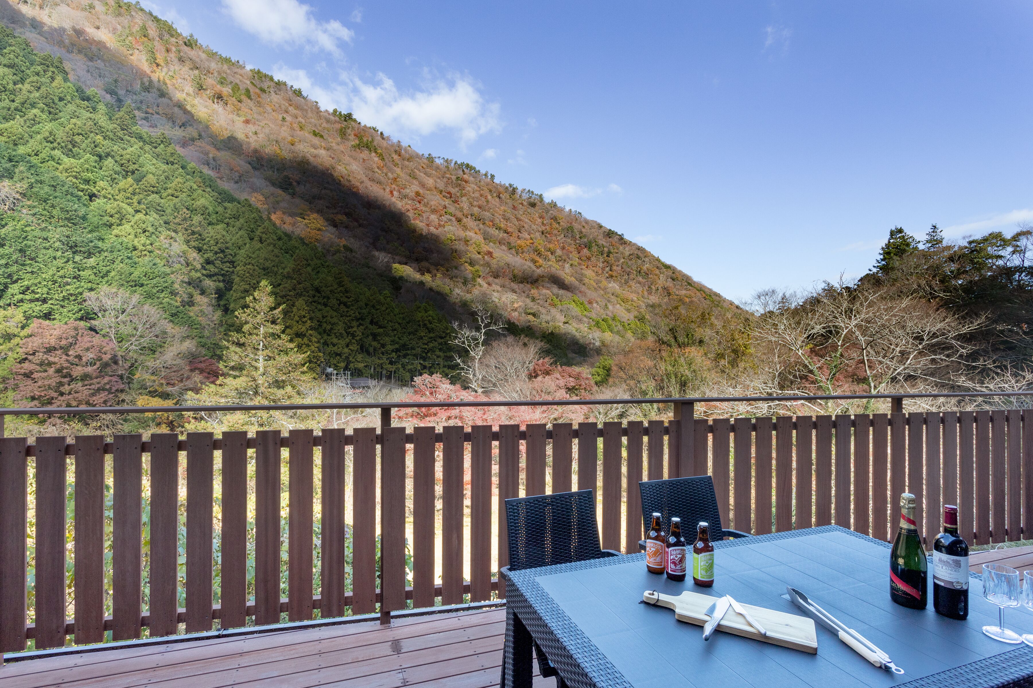 A wooden deck with a table set for dining, overlooking a forested hillside.