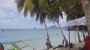 A beach scene with palm trees, a clear sky, and calm water. - Villa EN Pleine Campagne Avec VUE SUR LA MER ET LE Rocher DU Diamant (Sainte-Luce)