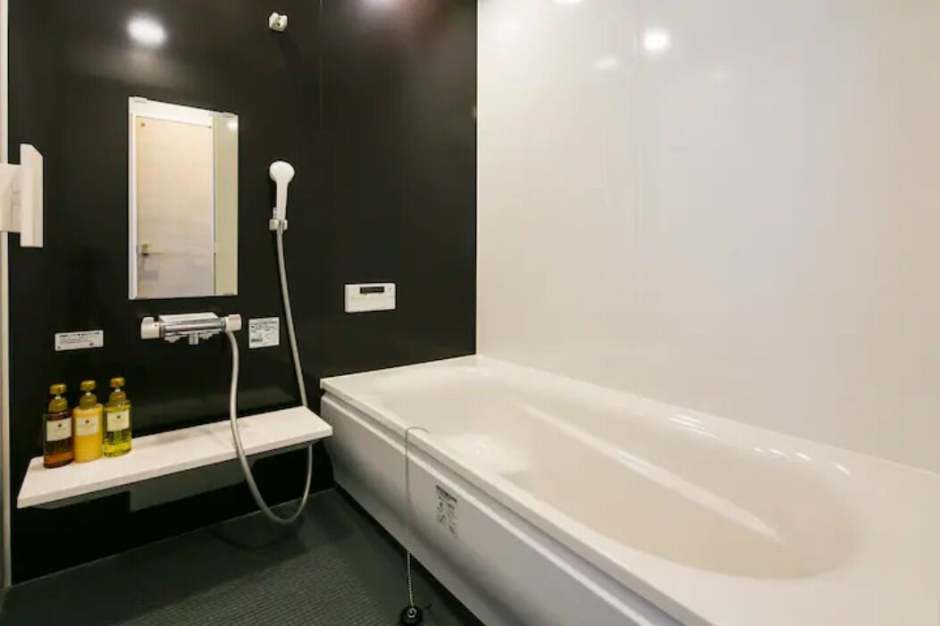 Separate bathtub and shower, free toiletries, hair dryer, slippers