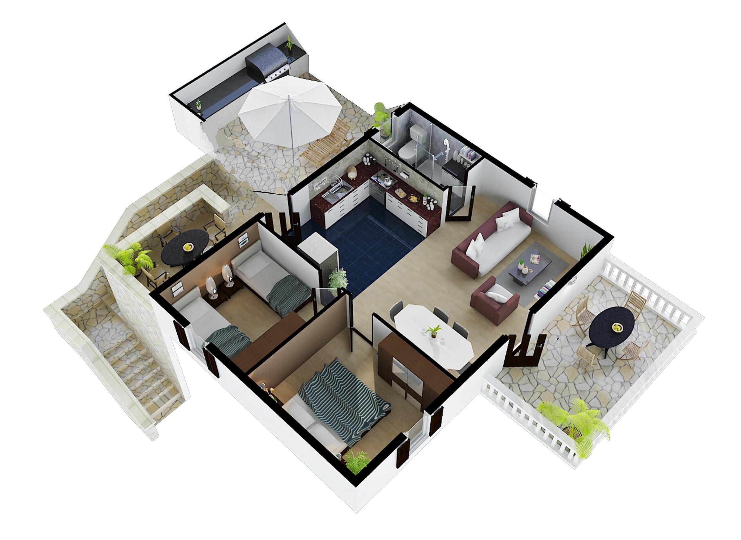 Un plan d’étage en 3D d’un appartement moderne comprenant un salon, une cuisine, un coin repas et un petit balcon.