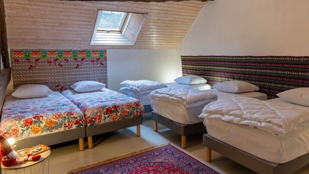 A bedroom with three beds, a skylight, and a patterned headboard.