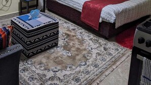 Een slaapkamer met een bed onder een hemelbed, een televisie aan de muur, een klein tafeltje en een kamerkleed met een patroon.