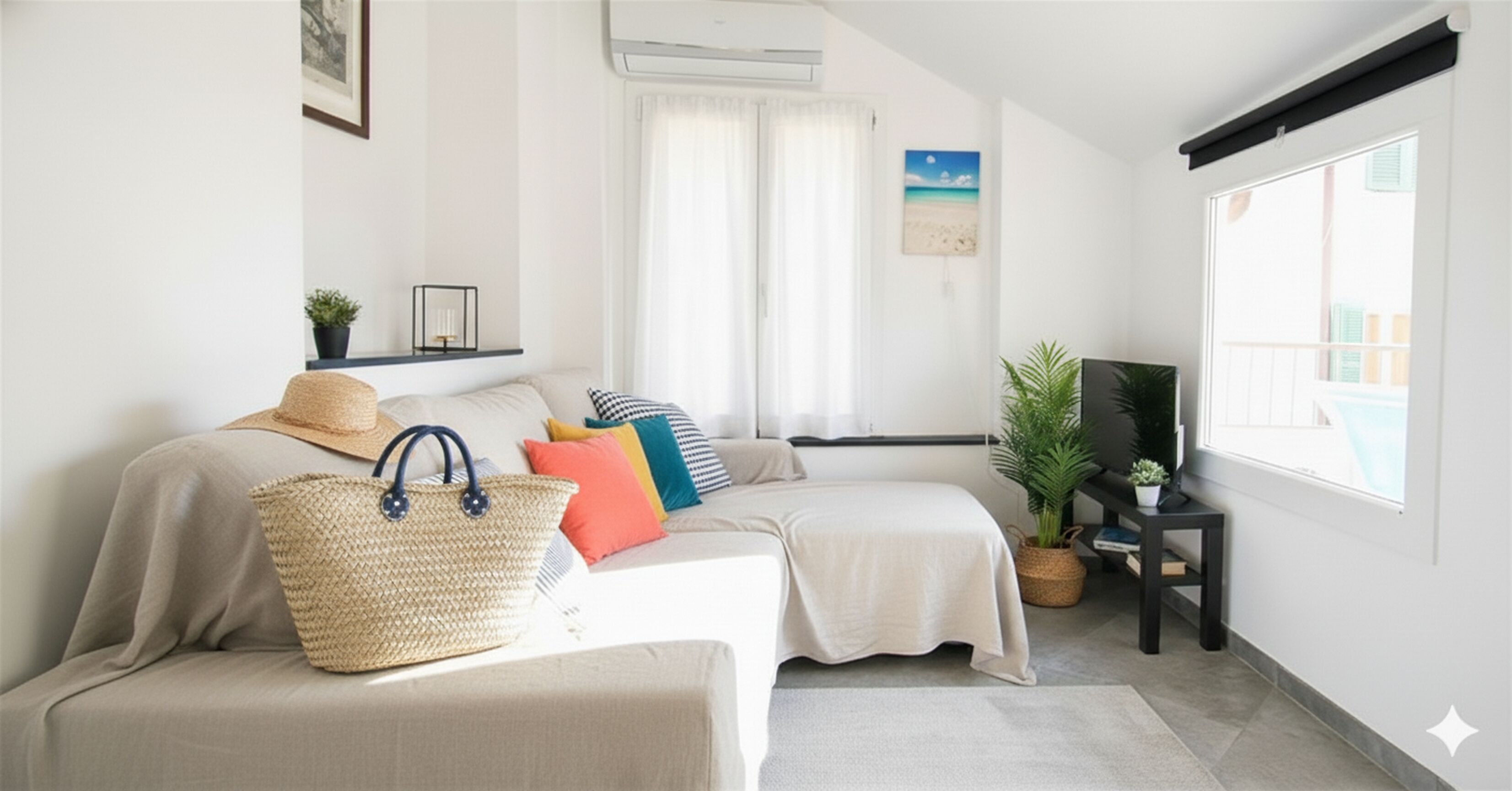 Een moderne hotelkamer met een bed, een bank, een grote geweven tas, een bijzettafeltje met een plant en een raam met uitzicht op het strand.