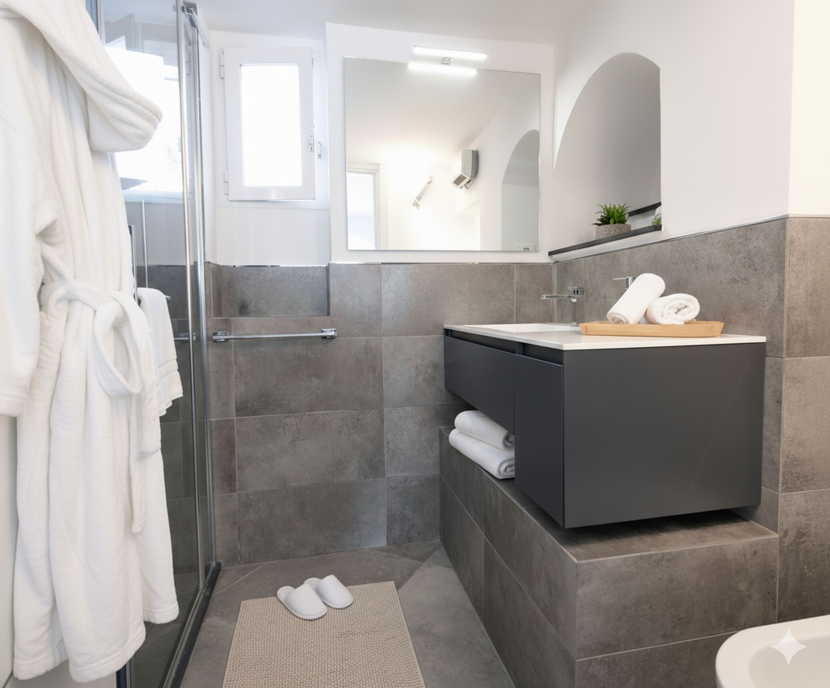 A modern bathroom with a glass shower enclosure, a dark vanity, and a white robe hanging on the wall.
