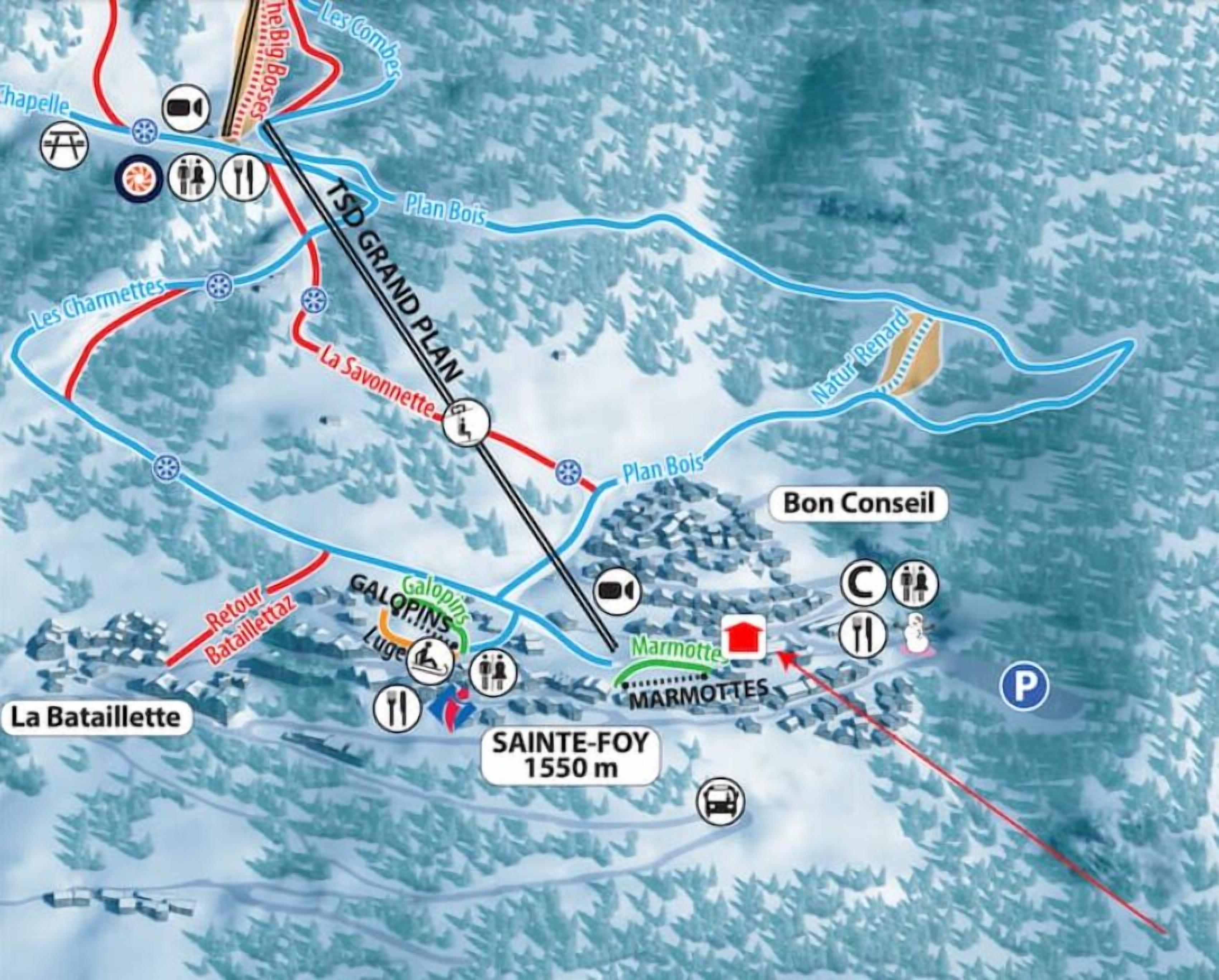 En karta över skidområdet med utmärkta platser som La Bataillette, Sainte-Foy och Bon Conseil.