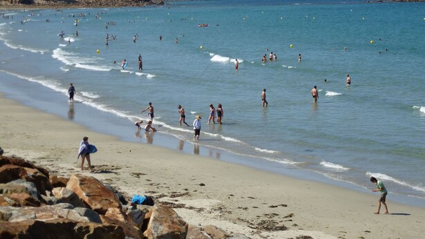A crowded beach with people swimming and walking along the shore. - Flat in Primel with Sea View & Beaches Nearby (Plougasnou)