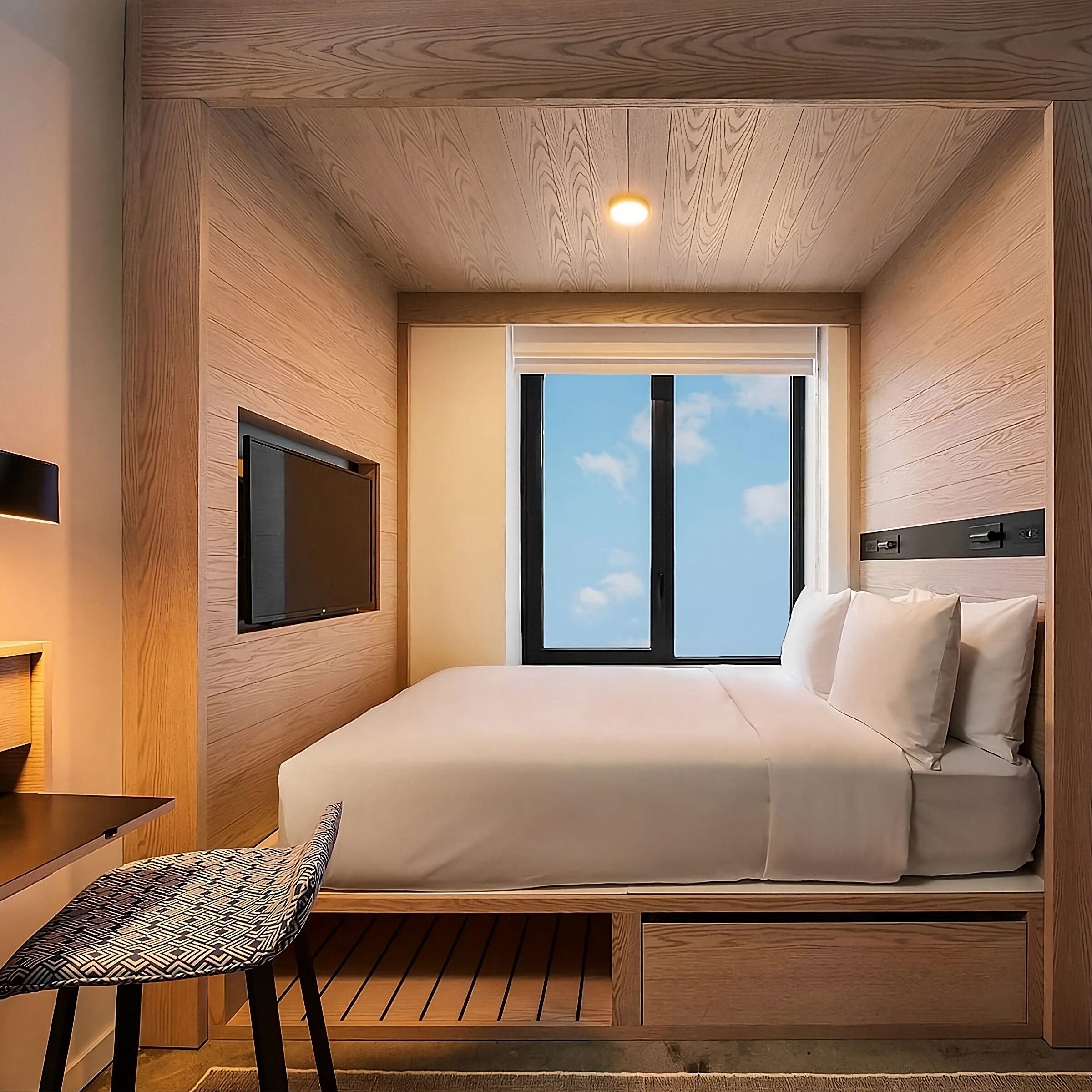 Unwind in a warm wood nook with sky views.