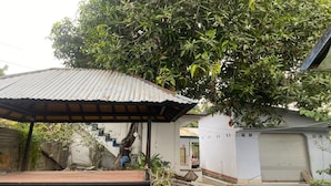 Un espace extérieur abrité, doté d’un toit en métal, d’un arbre et d’un bâtiment dont le portail de garage est fermé.