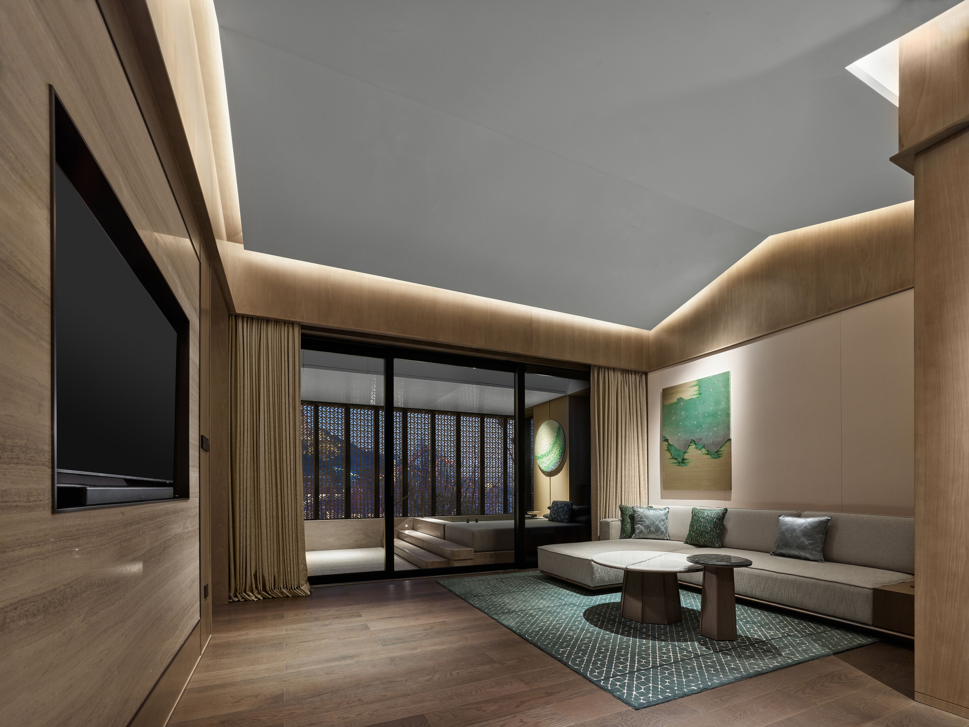 Suite, Lake View | Living area | 55-inch LED TV with cable channels, heated floors