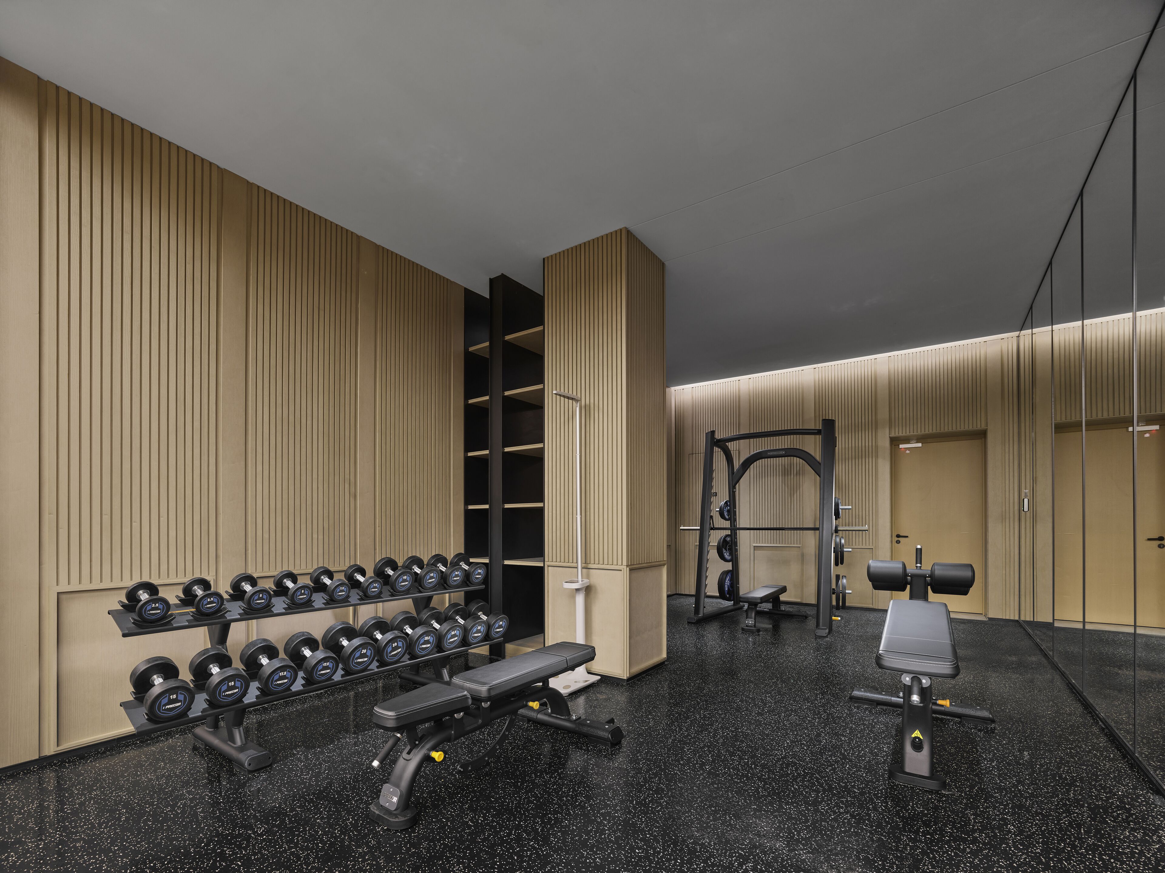 Un gimnasio moderno con pared de espejos, estantes para pesas, mancuernas, una prensa de banca y una estructura para sentadillas.