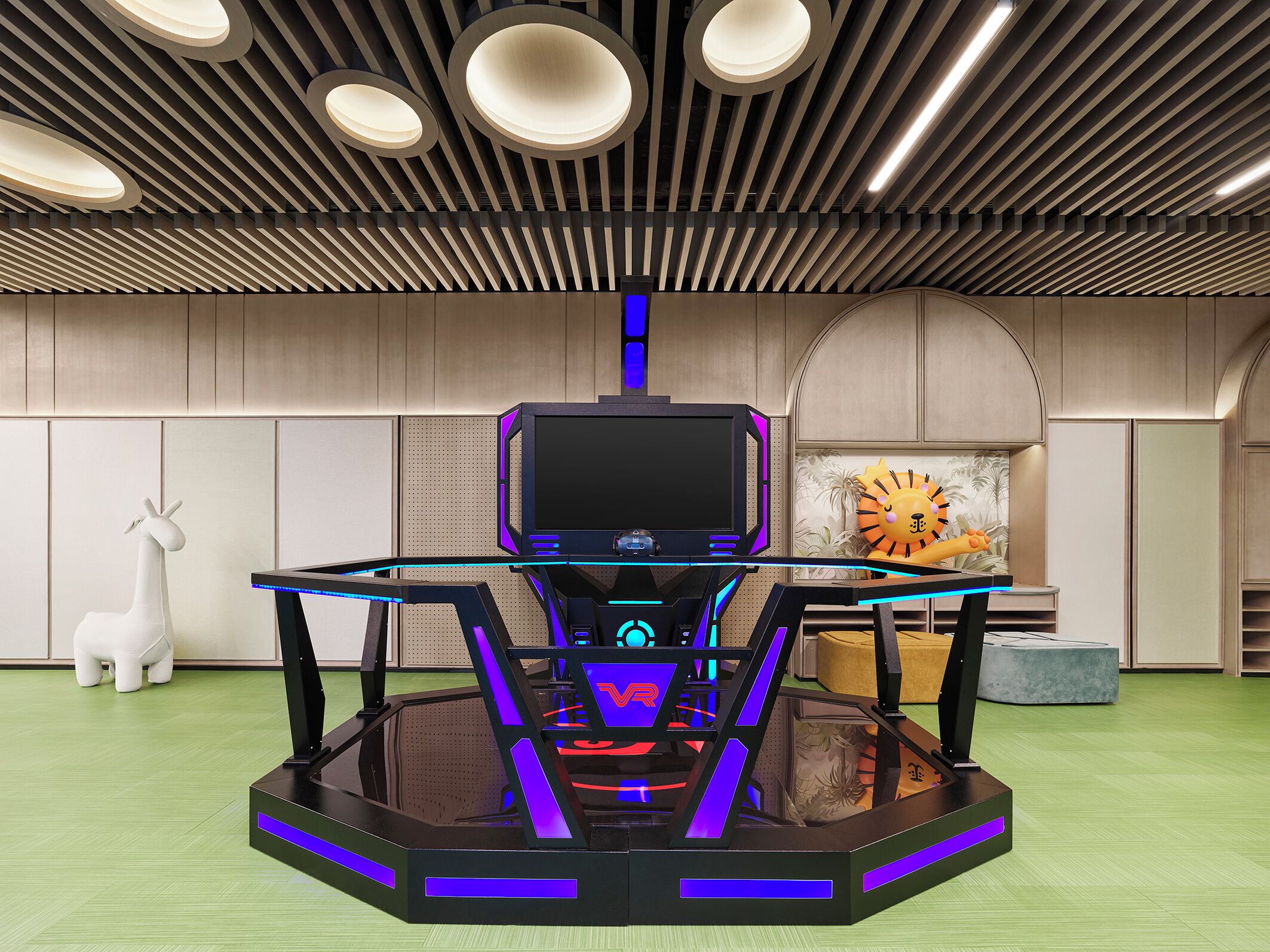 A modern gaming setup with a large monitor, neon lights, and a unique design.