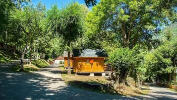 Una pequeña cabaña de madera con techo inclinado, rodeada de árboles frondosos y un camino pavimentado que lleva a ella.