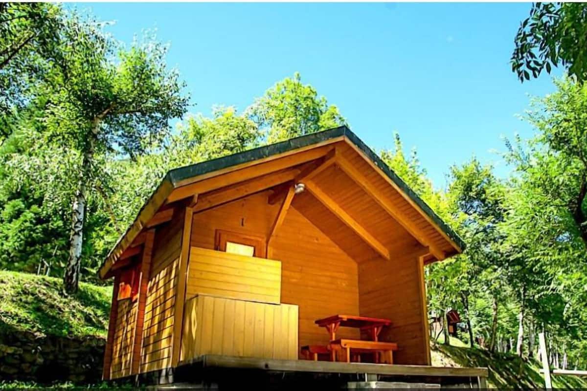 Une cabane en bois avec un toit en pente, une terrasse en bois et une table de pique-nique.