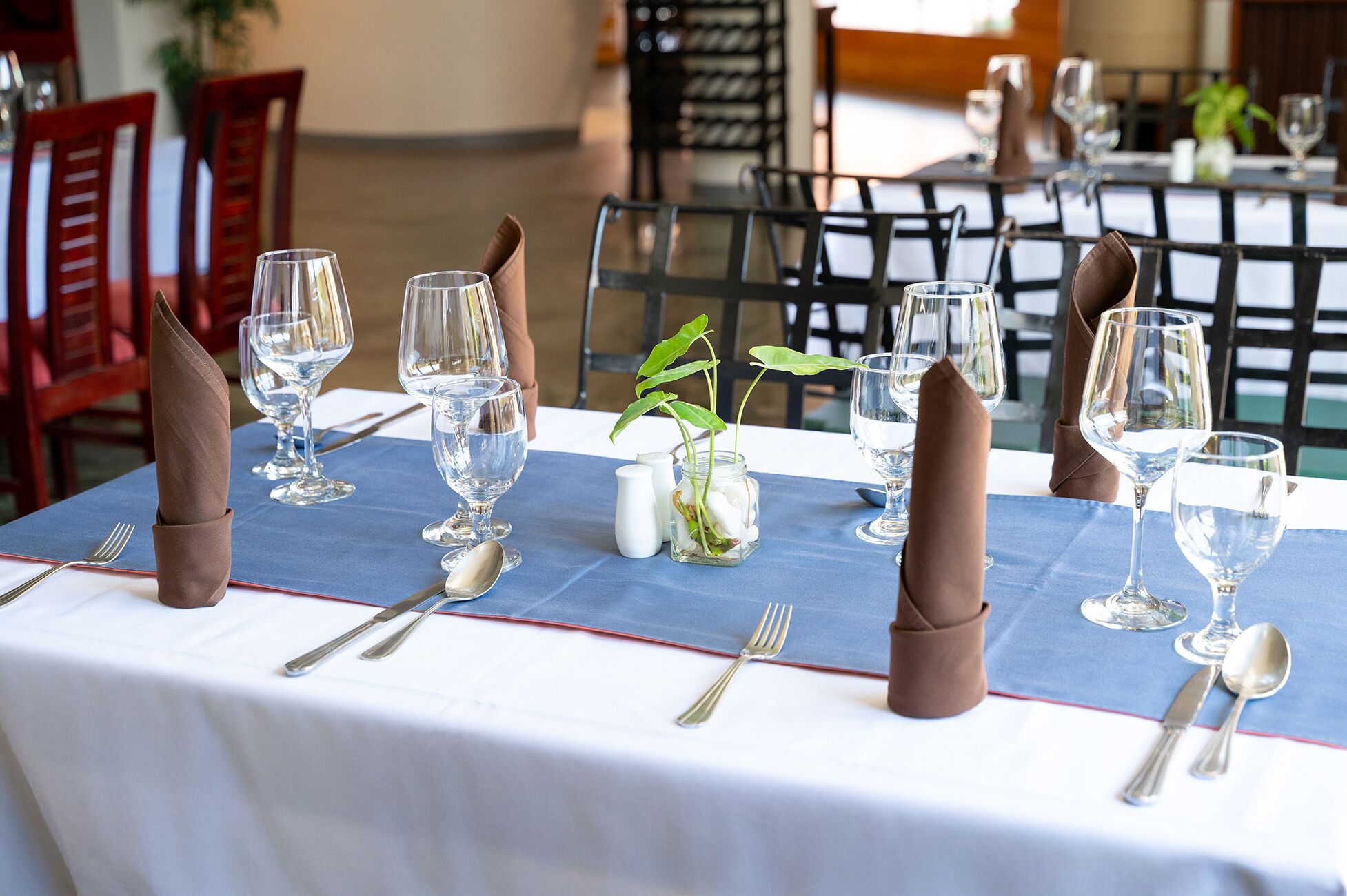 A restaurant table set with wine glasses, cutlery, and a small plant.