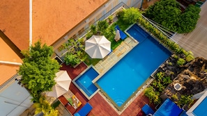 Outdoor pool, pool umbrellas, pool loungers