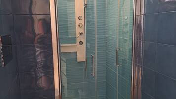 Shower, hair dryer, bidet, towels