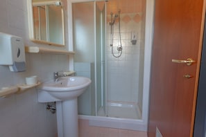 Un baño con lavamanos, espejo y ducha.
