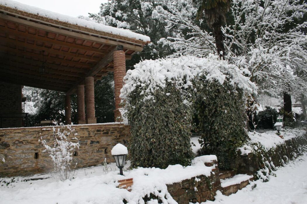 Un edificio de piedra con techo de ladrillo cubierto de nieve, rodeado de árboles y arbustos nevados.