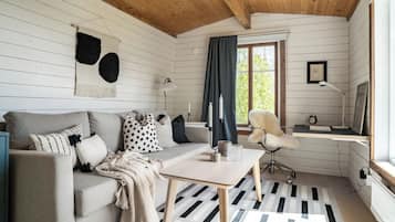 Smart TV, fireplace, books, stereo