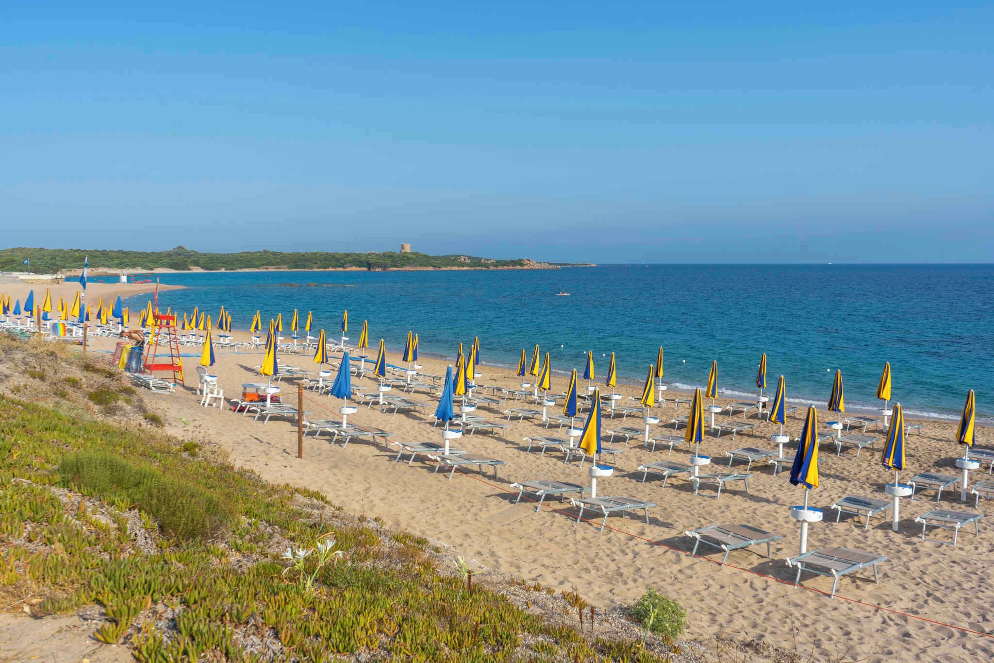Une plage bordée de rangées de chaises longues et de parasols, un ciel dégagé et, au loin, une colline surmontée d’une construction.