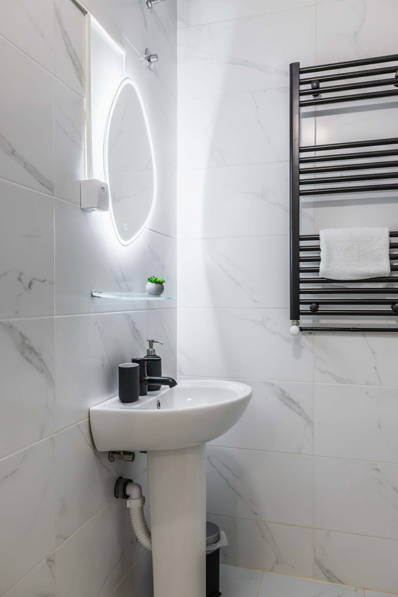 A modern bathroom with a white pedestal sink, a glass shelf with a plant, a towel rack, and a mirror with a light.