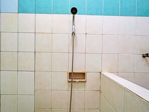 Bathroom features a shower area with a wall-mounted showerhead and a recessed shelf for storage.