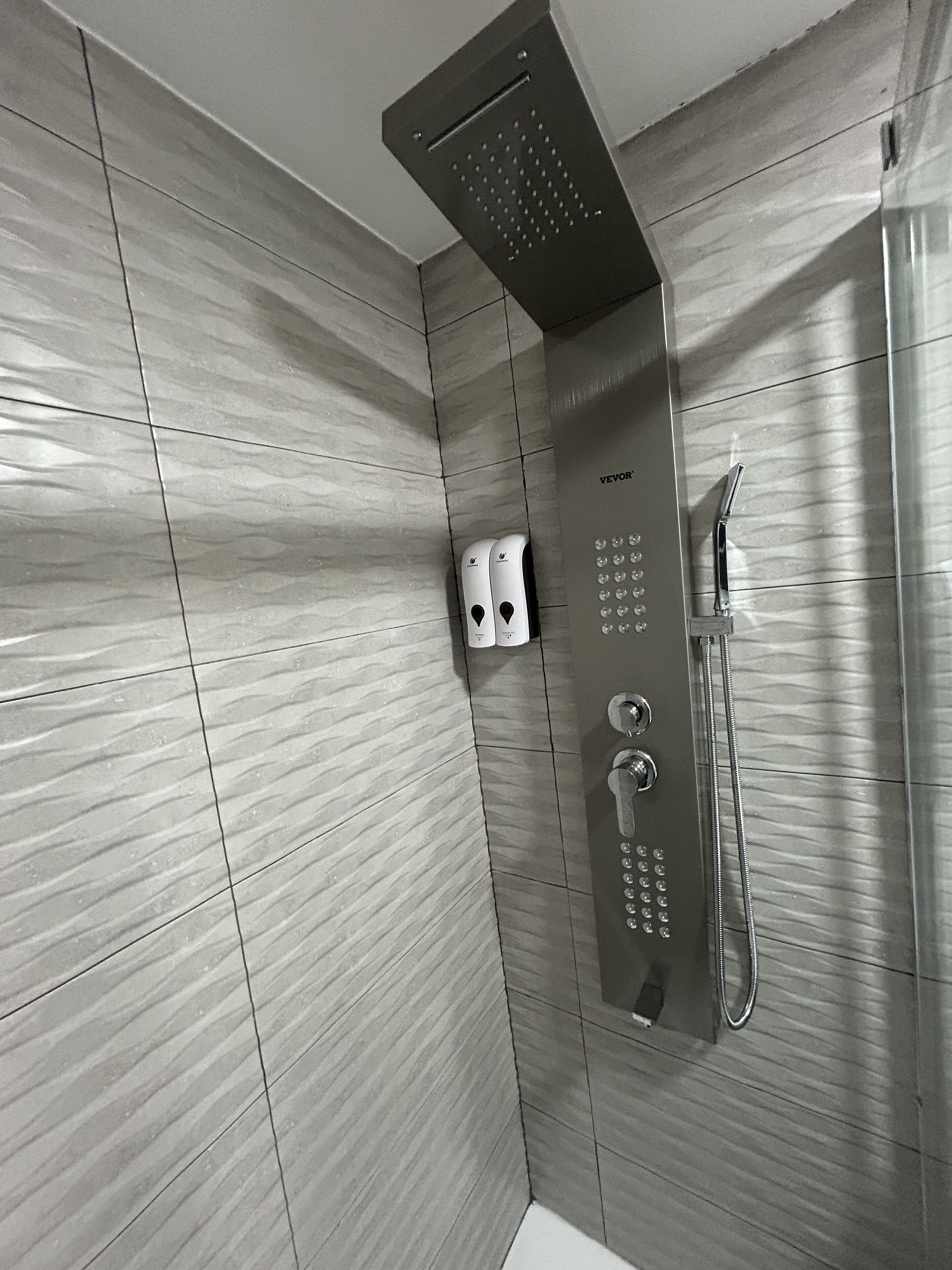 Shower, towels, soap, shampoo