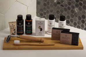 Shower, eco-friendly toiletries, hair dryer, towels